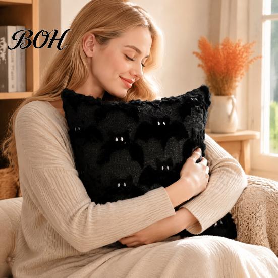 Black White Ghost Cushion Cover Halloween Cover, Plush Embroidered Throw Pillow 18x18 Home Decor Inch Cute Case for Sofa Bed Cozy Living Room Accents