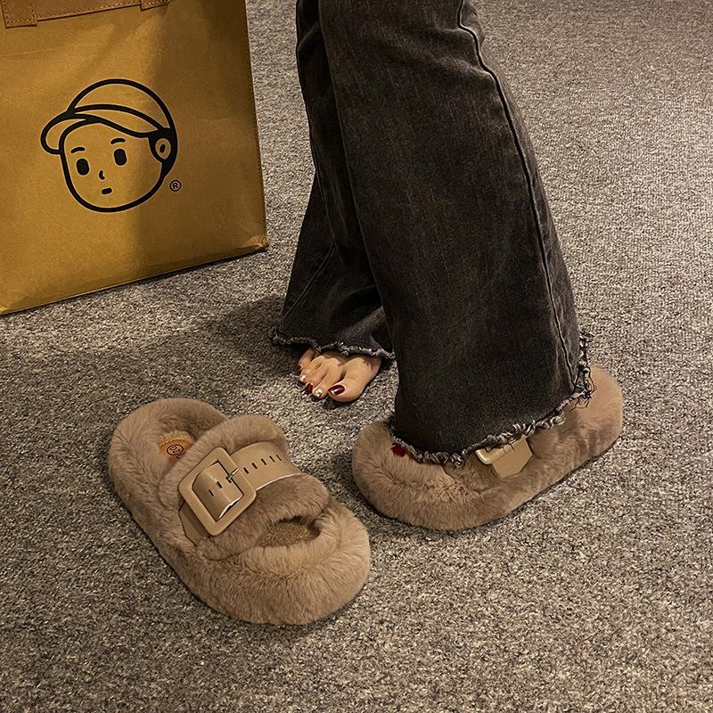 Premium Thick-bottomed Fluffy Slippers for Women To Wear In Autumn and Winter 2025 New French Lazy Korean One-word Cotton Slippers