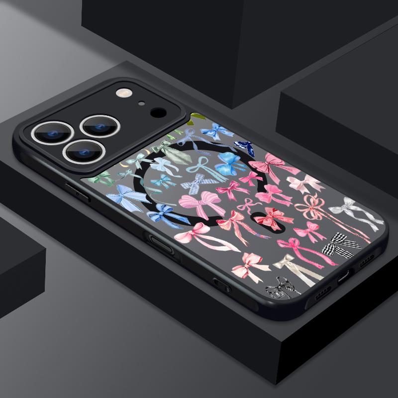 Cherry Bowknot Patterned Magnetic Phone Case For iPhone 17e 17 Pro Max 16 15 14 13 Pro Max 16e 11 For Magsafe Acrylic Back Cover