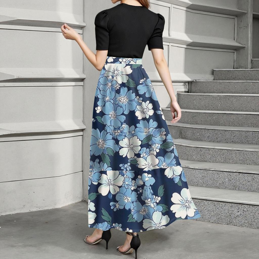 Women's Fashion Casual Belt Short Sleeve Round Neck Floral Stitching Elegant Temperament Dress