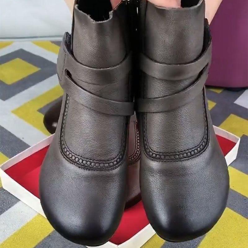 Feerldi Brand Vintage Boots Woman Ethnic Style Retro Short Boots Thick Heels Round Toe Comfort Mom Snow Boots with Side zippers