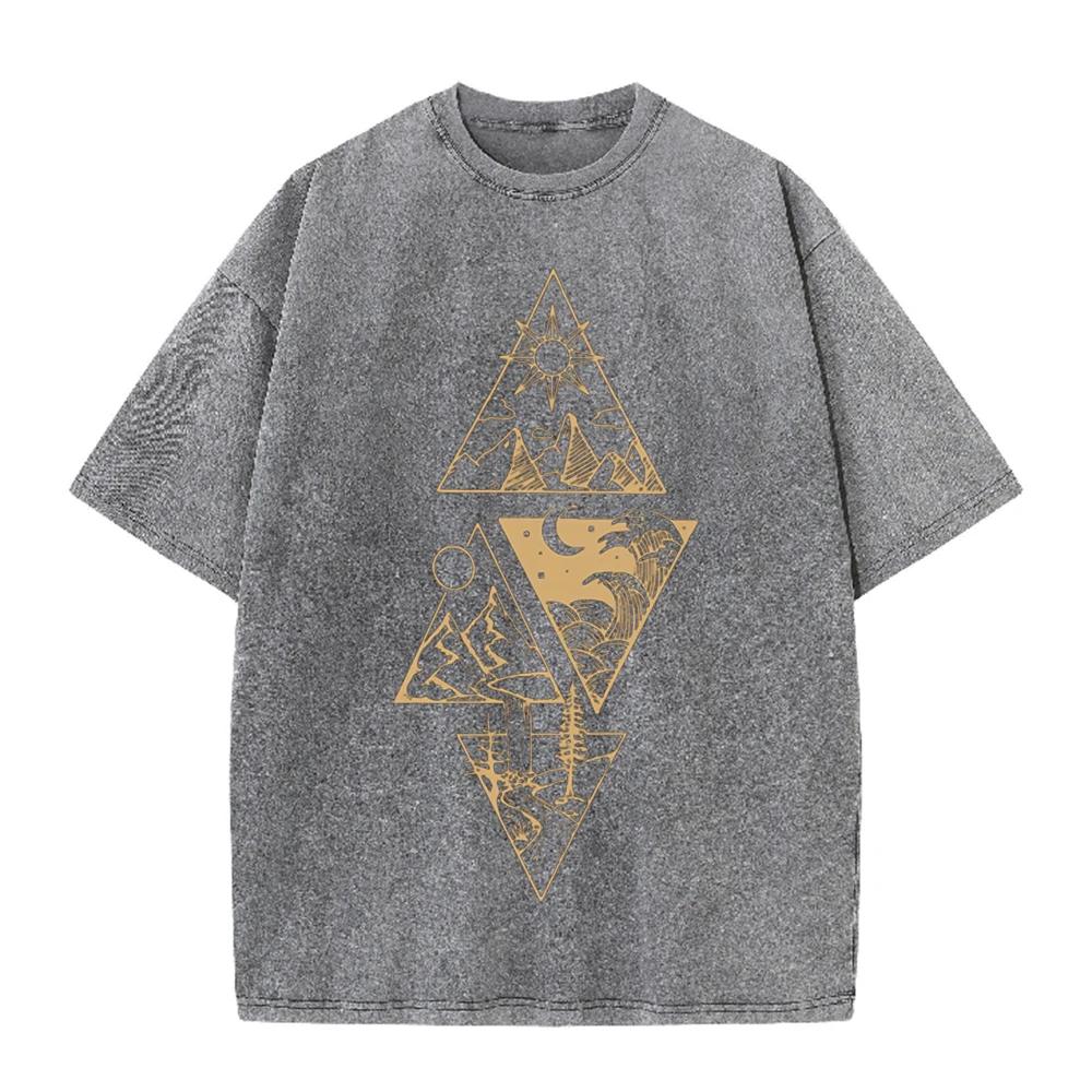 2026 Vintage Washed Black Triangle Mountain Wave Sun Moon Graphic T Shirt Nature Wilderness Line Print Oversized Casual Short Sl