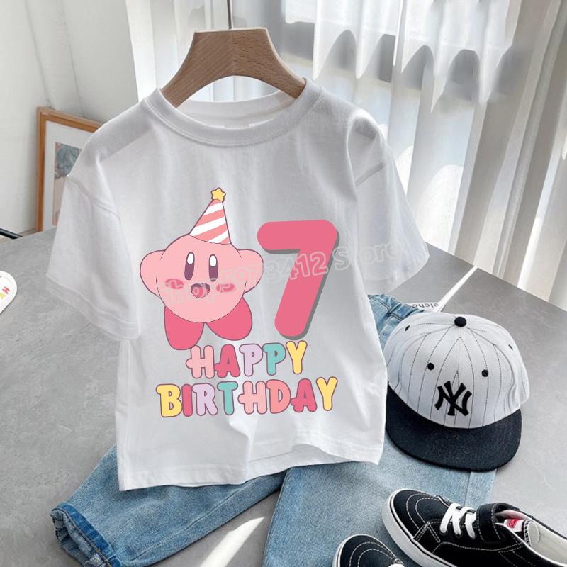 Star Kirbys T-shirt Birthday Number 1-9 Kawaii Tee Anime Cartoon Children Casual T Shirts Kids Girl Clothes Boy Fashion Top Gift