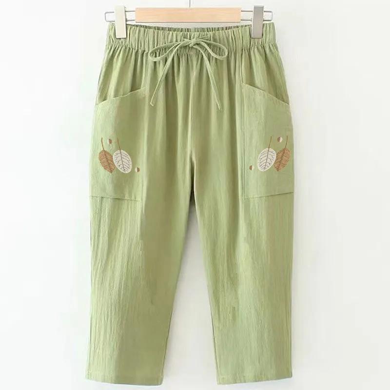 Tynne 100 % bomullsbukser, sommernye, store størrelser, broderte, rette bukser, dame, elastisk midje, allsidig, casual capris