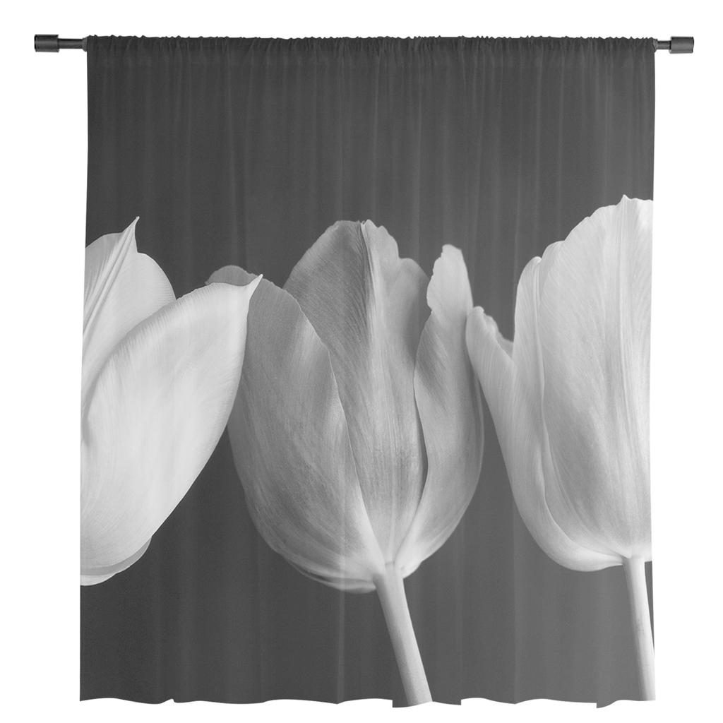 Tulpenblume Schwarzweiß Moderne Tüllgardinen für Wohnzimmer Schlafzimmer Zuhause Küche Fenster Voilegardinen