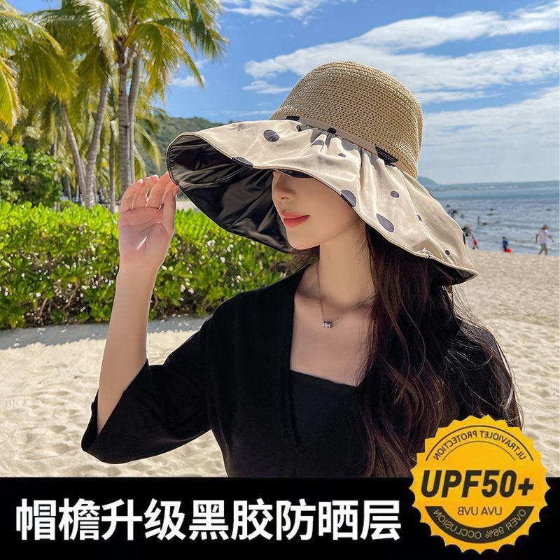 Spring and summer hat women's vinyl bow sun hat hollow breathable straw hat big brim face covering sunscreen bucket hat
