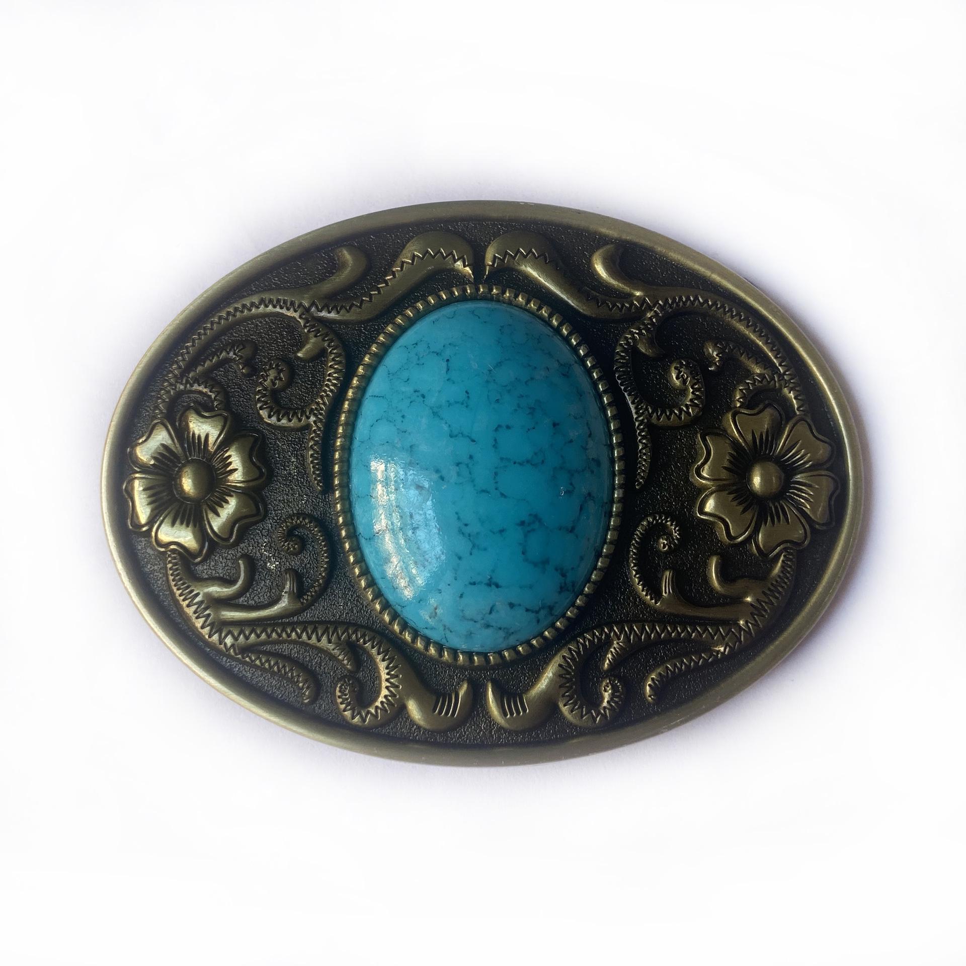 Turquoise Higanbana Oval Retro Men s Belt Buckle - Ancient Robe Accessory
