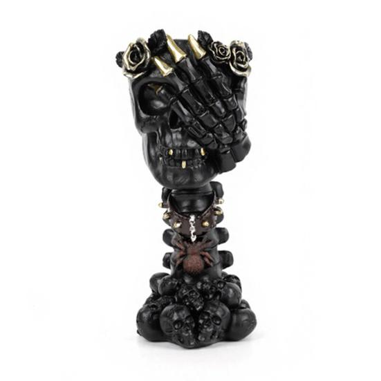 yangyizhi Hear No Evil, Speak See Evil Skull Vase, Resin Ornament with Rose Decor, Halloween Gothic Skeleton Display for Shelf Desk Altar, Horror