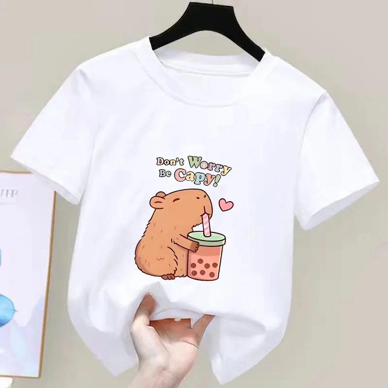 Capybara Kids Summer Cartoon Print T-Shirt 100% Cotton Short Sleeve Crewneck Casual Top for Girls Fashion Tees