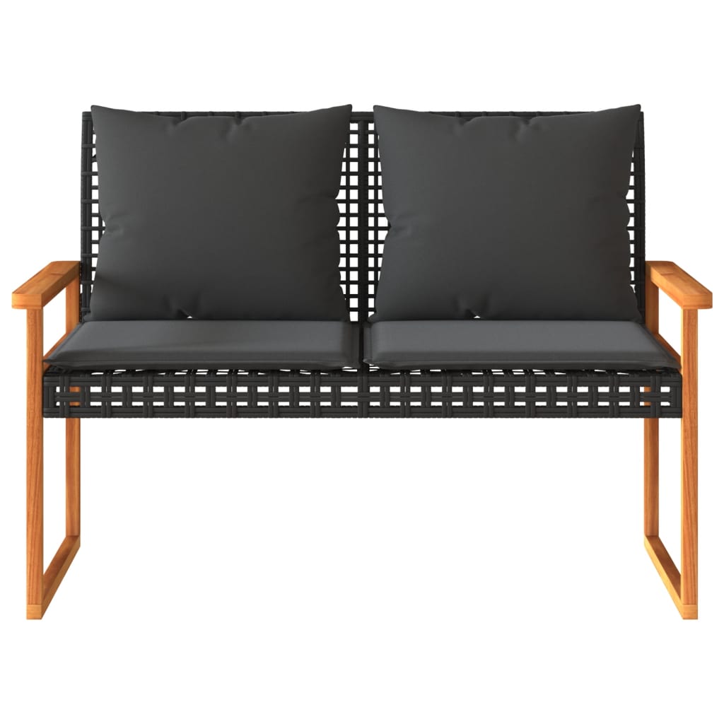 Vidaxl Garden Bench with Cushion, Black, Poly Rattan and Acacia
