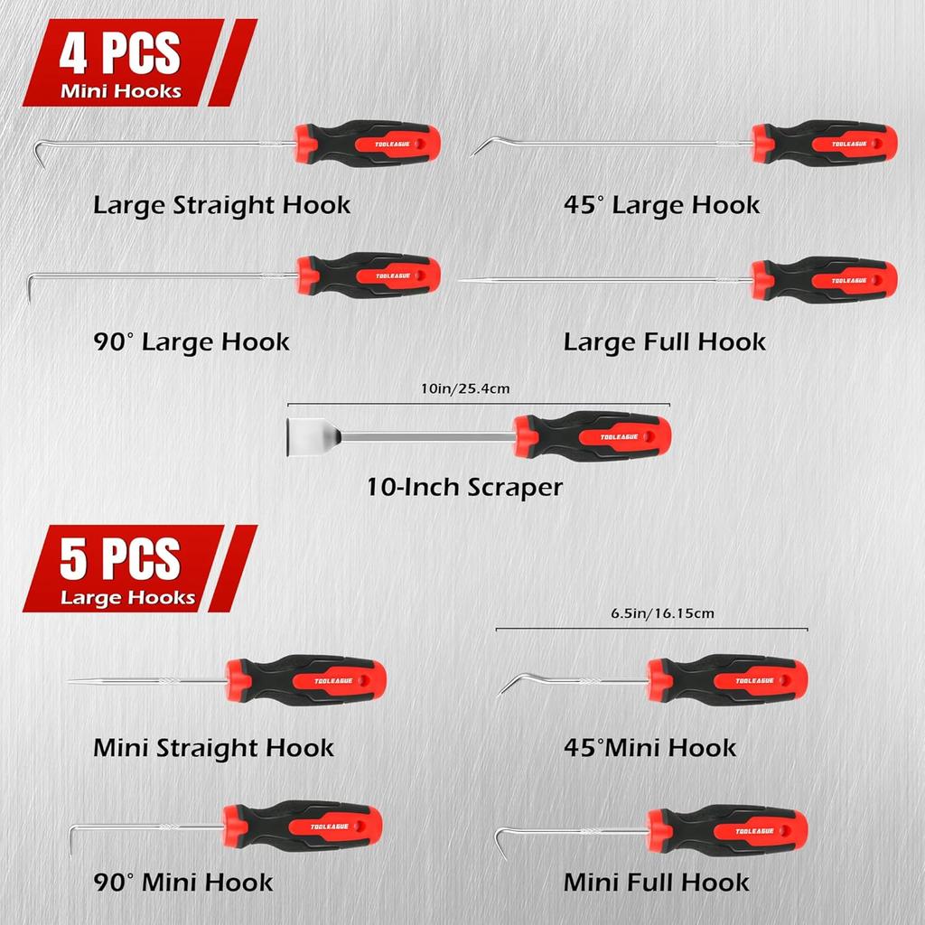 TOOLEAGUE 9Pcs Precision Pick and Hook Set with Scraper and Magnetic Telescoping Tool Kit for Automotive and Electronic Hand Tools Car Auto Oil