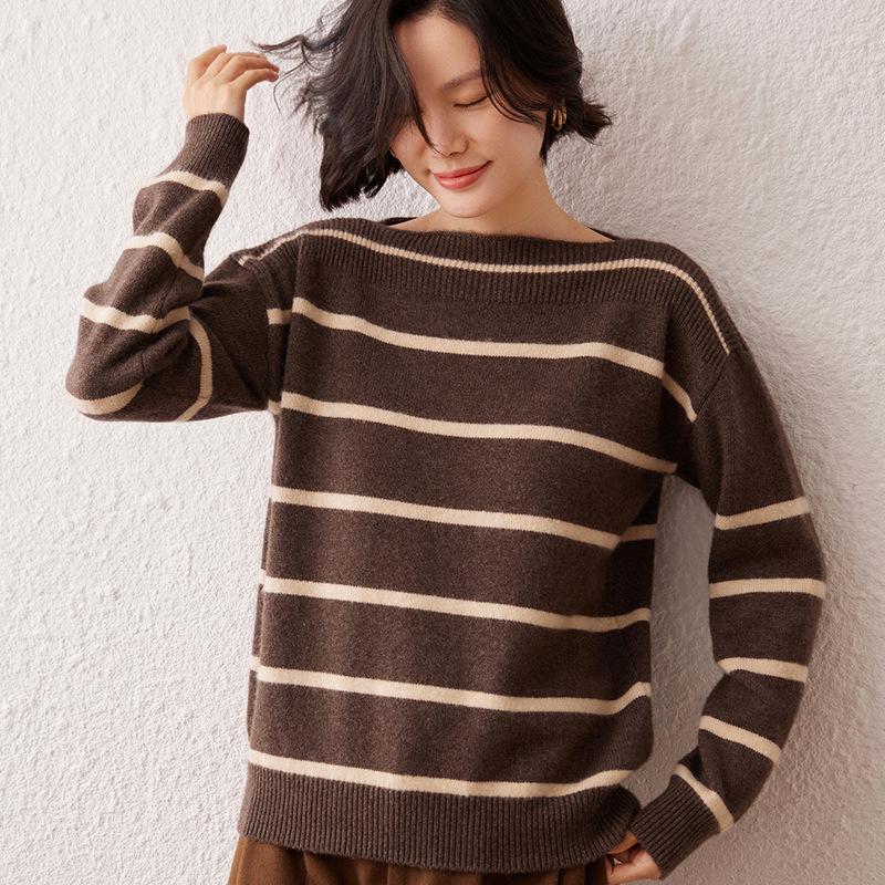 Lekasha Off-the-Shoulder Striped Cashmere Sweater for Women - Autumn/Winter New Arrival