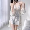 Pajamas women's spring and autumn ice silk thin long-sleeved suspender nightgown nightgown set can be worn outside pure desire sexy loungewear
