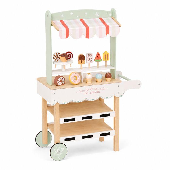 Wooden Ice Cream Stand - GINGER HOME - Decorative Awning - Shelves &; Wheels - Pastel Tones, MDF 44/57x28x95.5 Cm