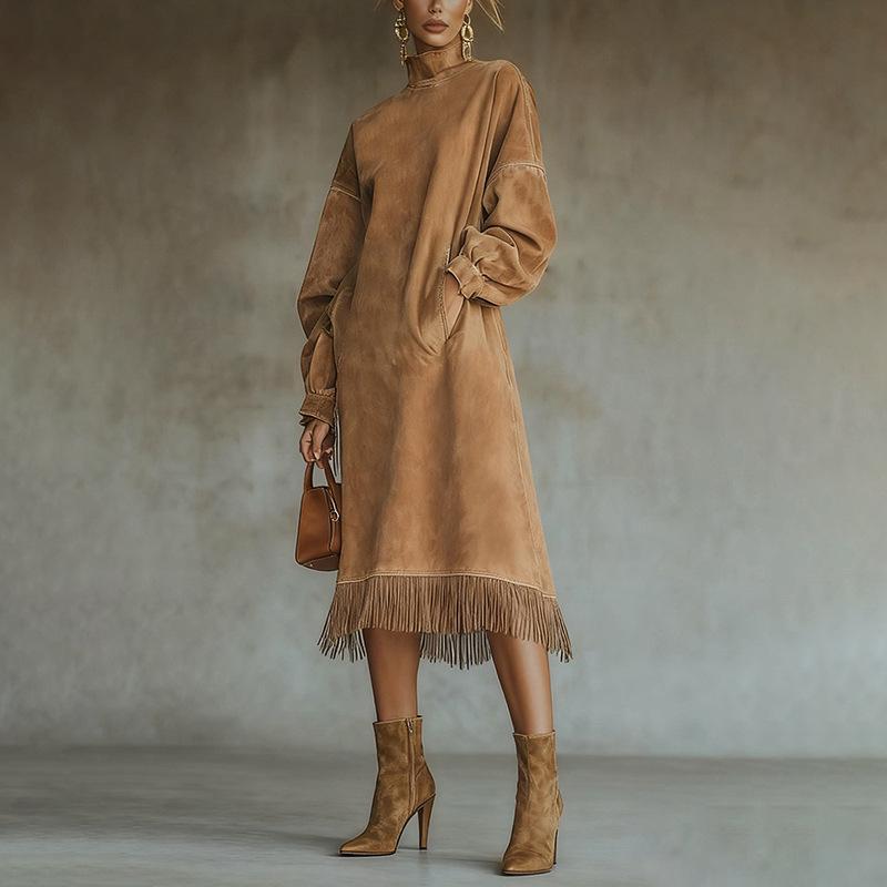 

European-American Retro Suede Tassel Long Sleeve Dress with High Collar and Pockets Medium бронзовий