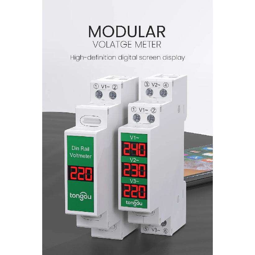 Mini Modular Din Rail Mount Three Phase Voltage Meter with LED Digital Display - Ac 60V-450V Gauge Indicator Detector by TONGOU