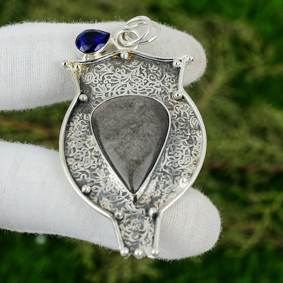Silver Sheen Obsidian Gemstone Tanzanite Quartz 925 Silver Wife Ethnic Pendant
