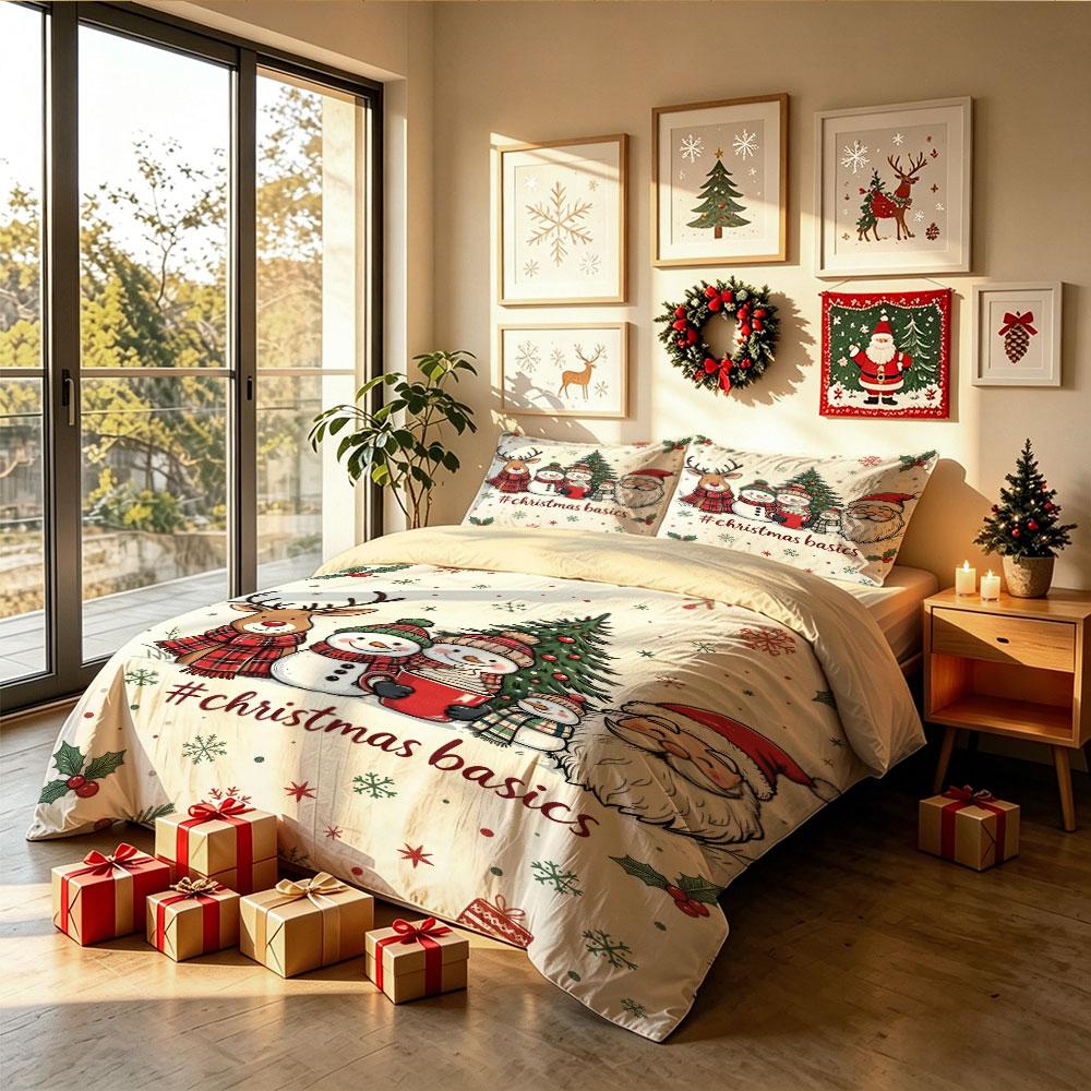 Christmas Duvet Cover Set 3Pcs Cute Cartoon Santa Reindeer Snowman Print Soft Microfiber Bedding with Pillowcases