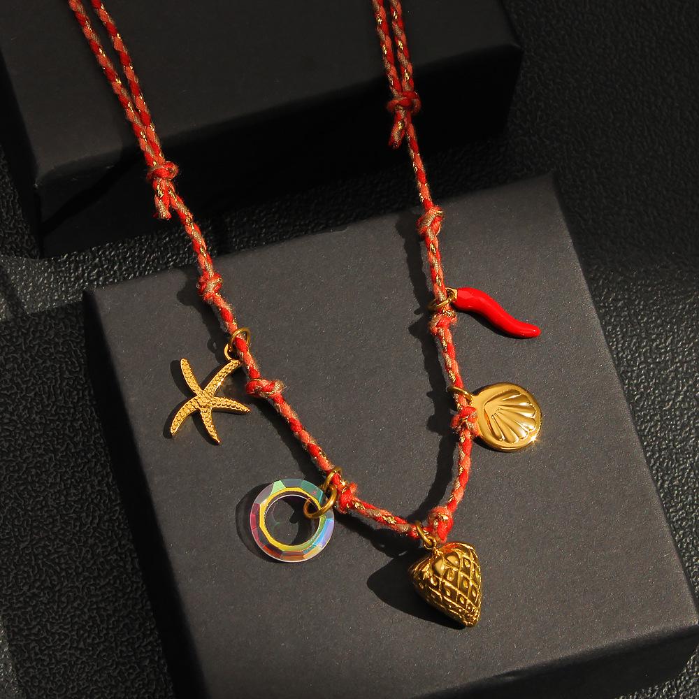 European Starfish Strawberry Multi-Pendant Necklace, 18K Gold-Plated Titanium Steel Clavicle Chain Accessories.