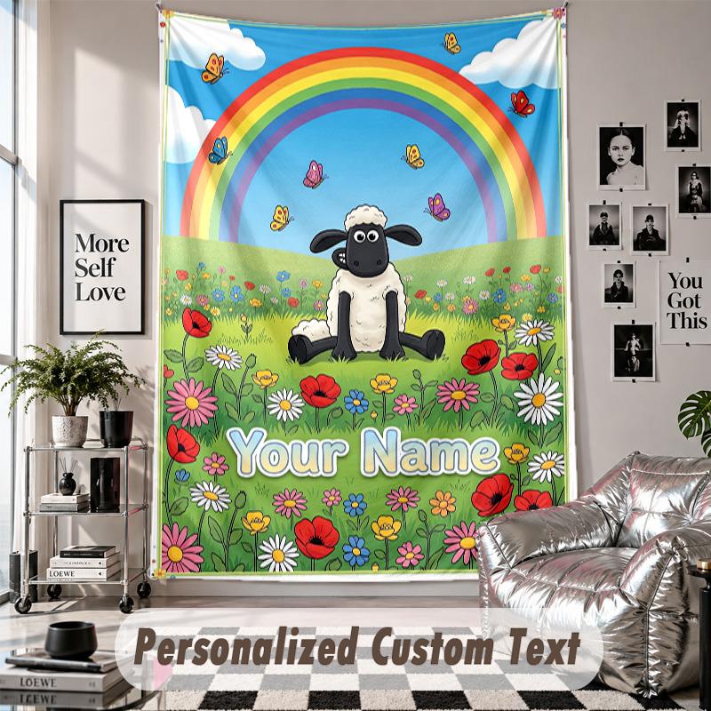 Wall Hanging Tapestry With Custom Name & Text, Shaun the Sheep Decorative Tapestry For Bedroom