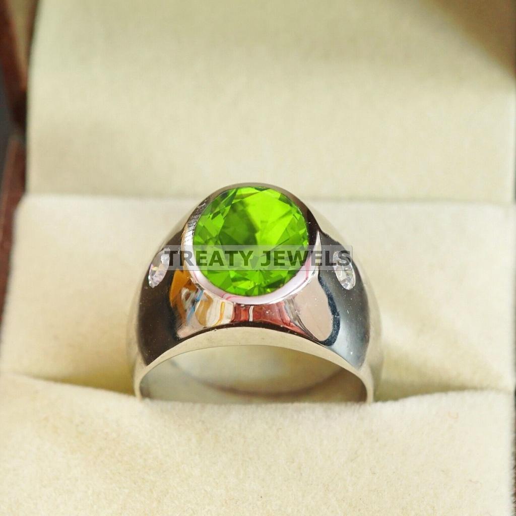 Peridot Oval Cut Gemstone With 925 Sterling Silver Ring For Men's #B448 JL375683858998