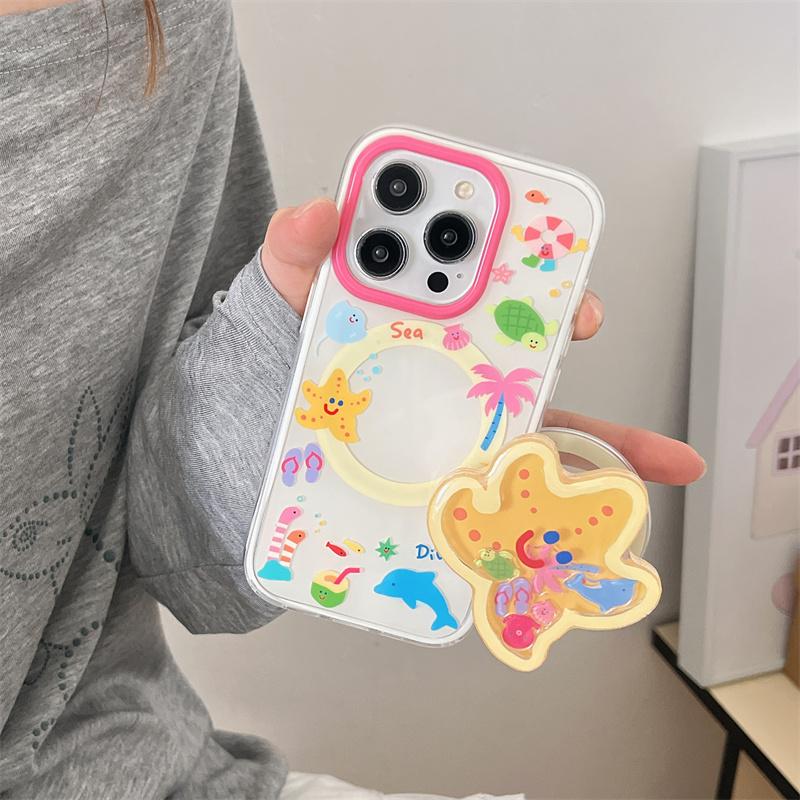 

Cute Starfish Shaking Support Stand Magnetic Phone Case For iPhone 16 Pro 15 13 14 Pro Max Back Cover with Magsafe Holder Cases iPhone 15 Pro Max