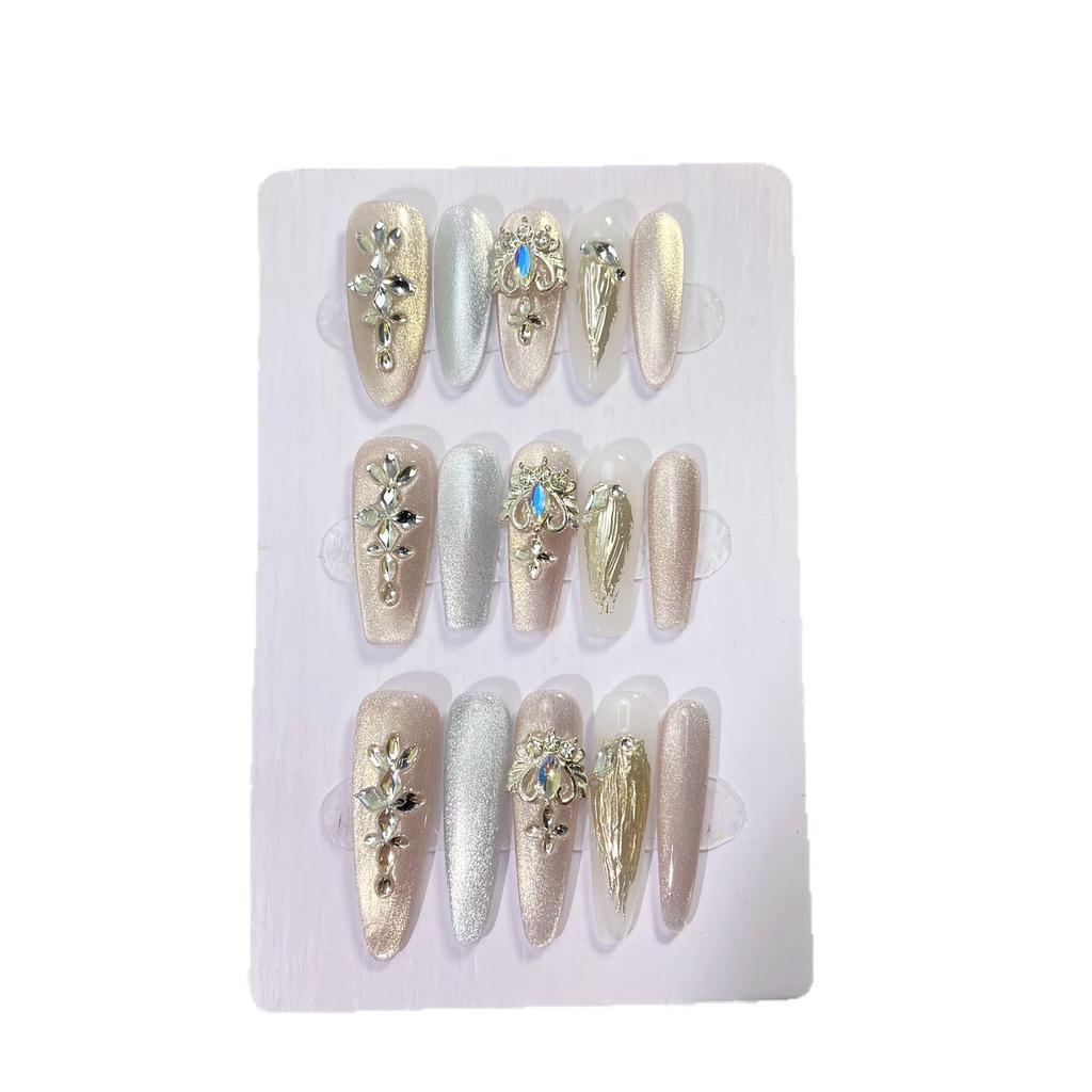 Handmade Luxury Cat Eye Diamond Gradient Champagne Party Nail Art Tips