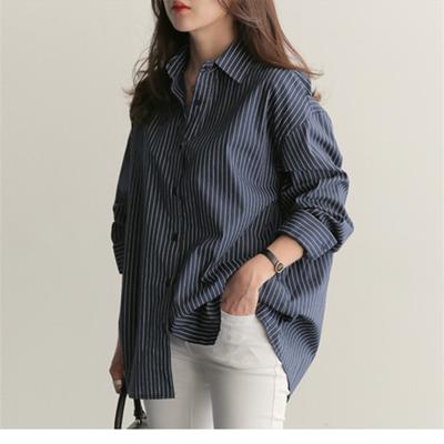 BF Στυλ Γυναικείο Μπλε Πουκάμισο Γιακάς με Πε solάρια Μήκος Μέσης Λευκή Μπλούζα Μακρυμάνικη Μονόκουμπη Φθινοπωρινή Ρετρό Φαρδιά Ριγέ Μπλούζα