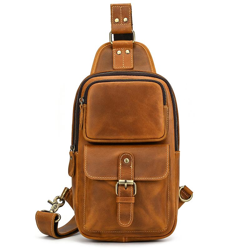 Vintage Crazy Horse Cowhide Leather Mens Chest Bag Retro Sports Casual Crossbody Sling Shoulder Bag Lightweight Outdoor Daily Bag for Men