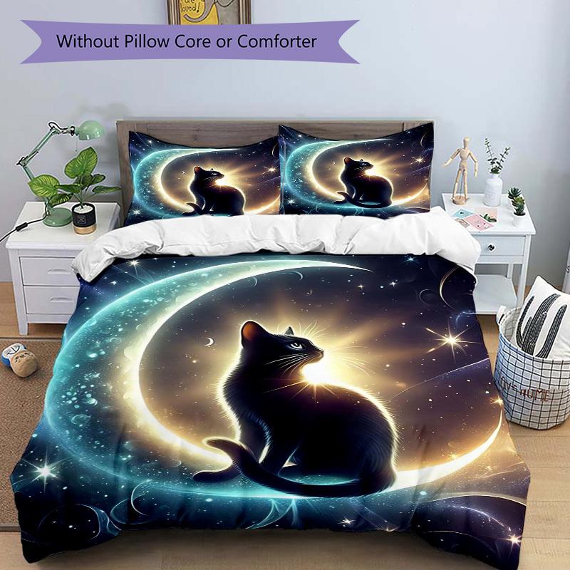 3pcs Anime Cat Moon Stars Bedding Set - Includes One Quilt Cover and Two Pillowcases (No Core) - Home Decor, Festival Gift, Polyester Fabric