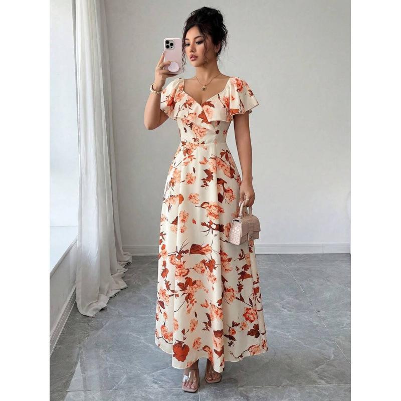 Europe, America 2026 Summer New Temperament Fashionable Ruffle Edge A Word Floral Elegant Dress Women