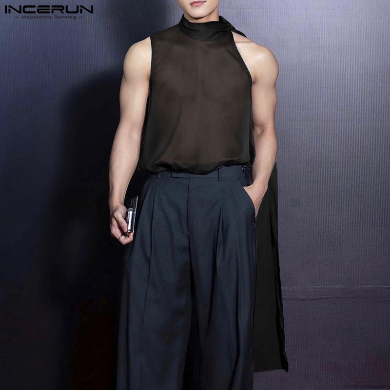 INCERUN Men Tie Neck Sleeveless See Through Mesh Sheer Party Club Tank Tops