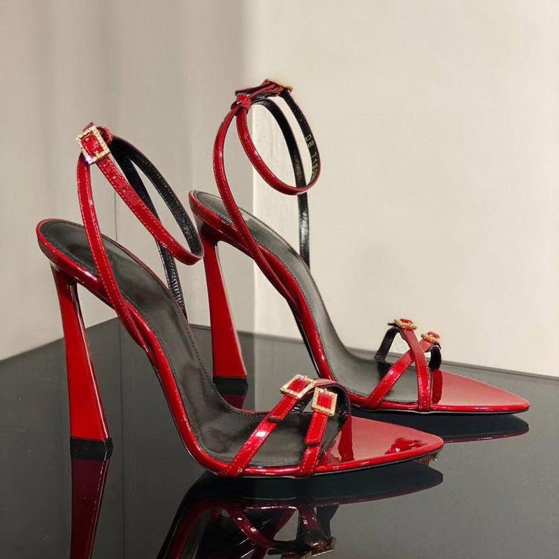 Fashion Summer new style slim strap open toe straight buckle sandals for women with pointed toes, thin heels, banquet red high heels