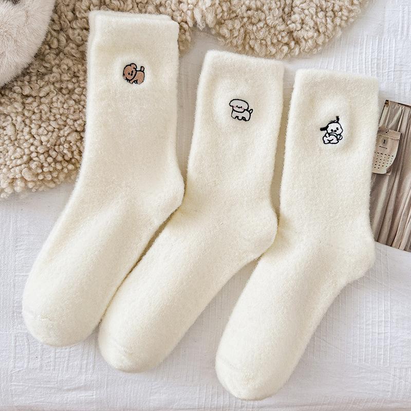 Embroidered Puppy Socks Season Mid-Tube Socks Cute Cartoon Velvet Thickened Thermal Home Floor Sleeping Socks