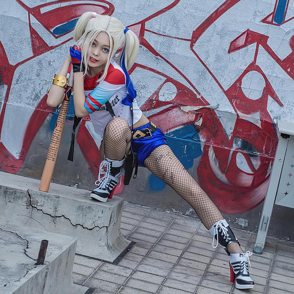 Harley Quinn Cosplay Costume with Wig Version x Black Red x Harley Quinn Suicide Squad Style Halloween Costume for Women Version x [milky time] -