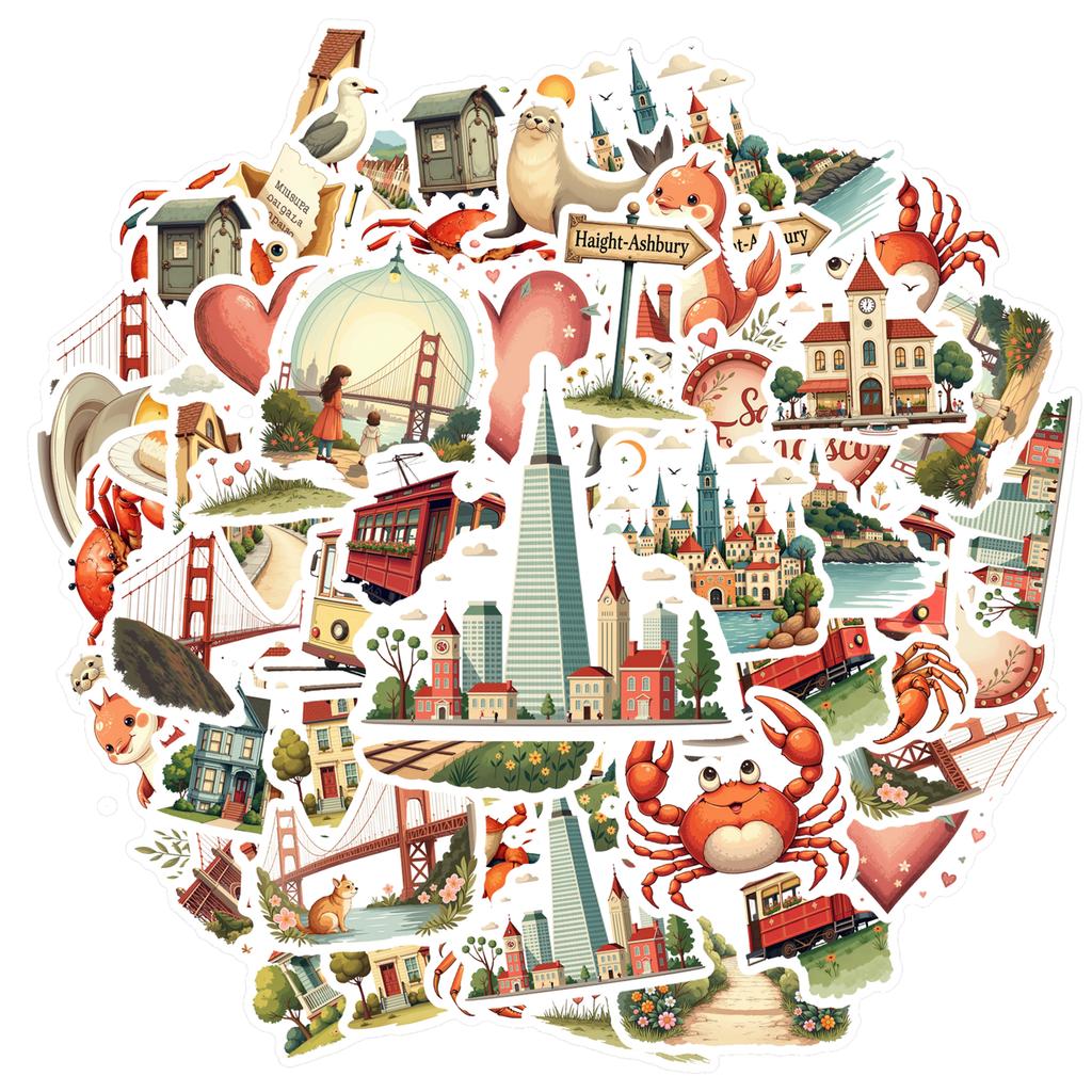 35pcs-70pcs Retro San Francisco Stickers Cartoon Hearts Teacher Reward Stickers Stickers For DIY Phone Guitar Laptop