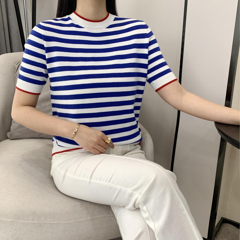 Crew Neck Knitted Striped Short-sleeved Summer New Age-reducing Meat Cover Loose Versatile Half-sleeved Bottoming Shirt Top
