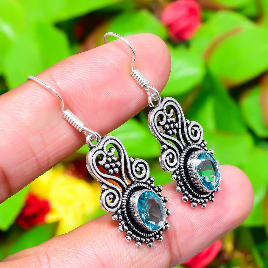 Natural Blue Topaz Gemstone Handmade 925 Sterling Silver Earring 1.77" W2J09