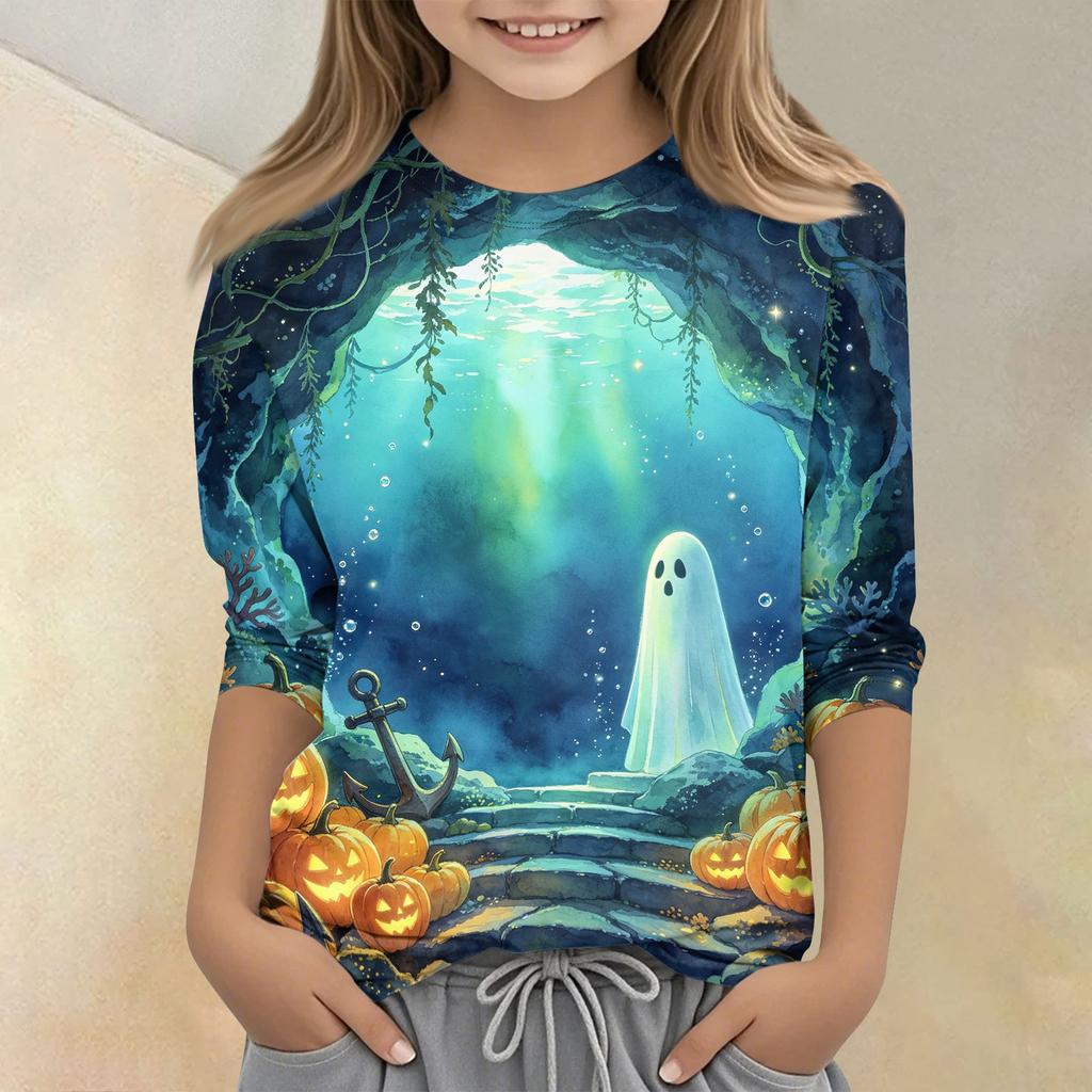 Kids Halloween Printed Crew Neck 3/4 Sleeve Casual T Shirt Top for Boys and Girls Comfortable Fit Lightweight Fabric