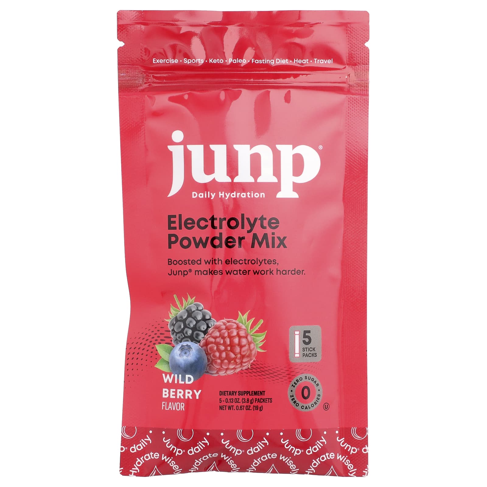 

JUNP Hydration, Electrolyte Powder Mix, Wild Berry, 5 Stick Packs, 3.8g (0.13oz) Each