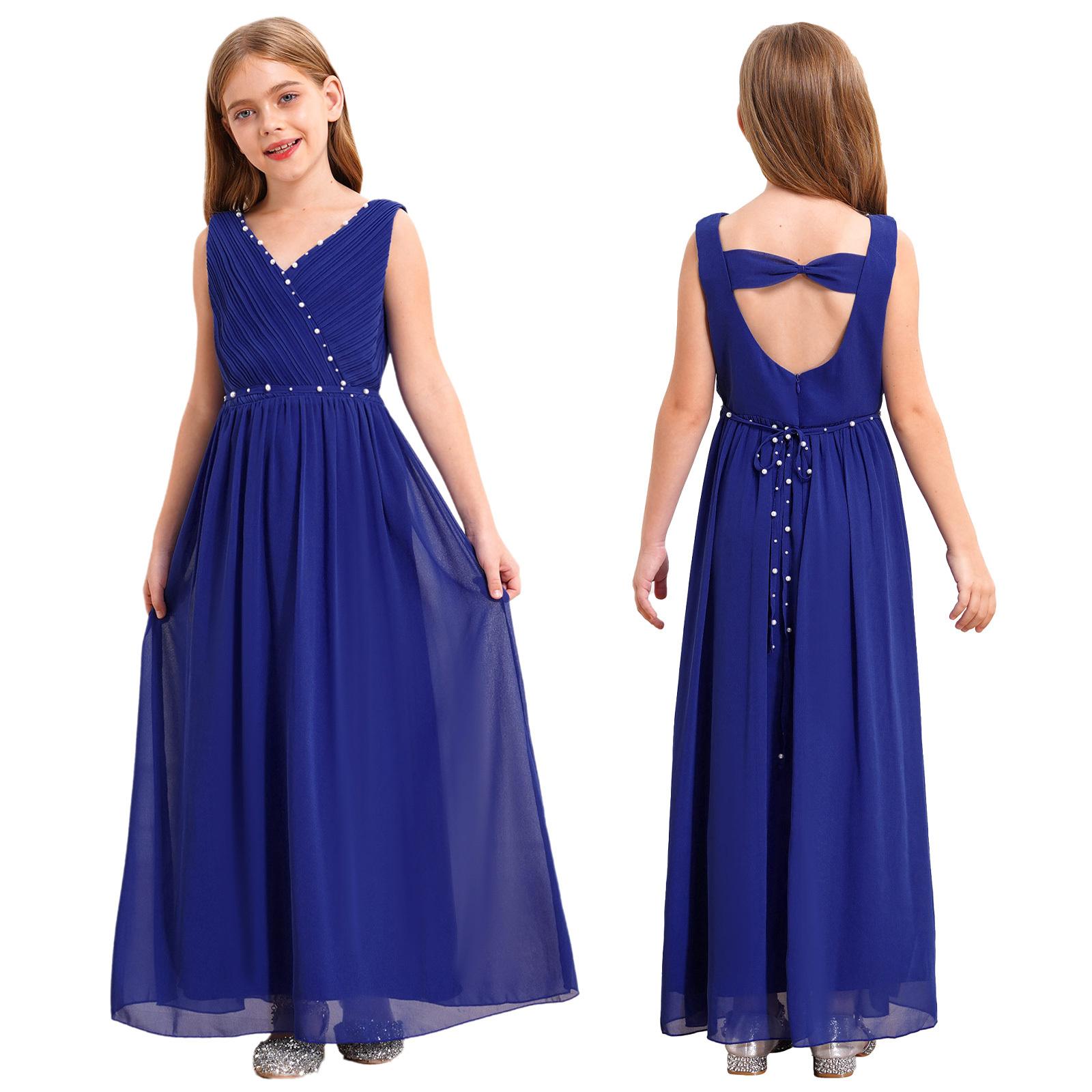 

Платье с цветочным узором для девочек, элегантное шифоновое праздничное платье с бисером, летнее платье с рюшами и v-образным вырезом без рукавов для свадьбы подружки невесты 11-12 Years