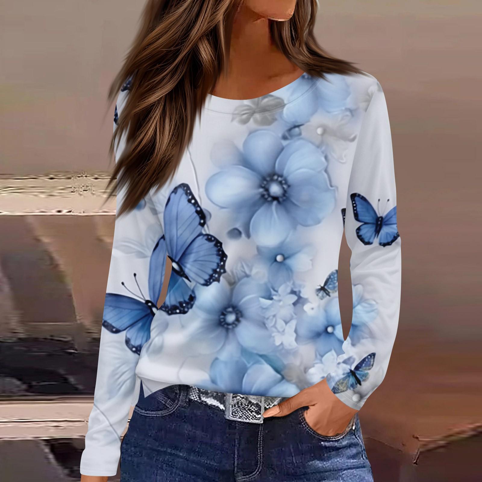 

Женская мода повседневный топ с цветочным принтом и круглым вырезом, длинными рукавами XL