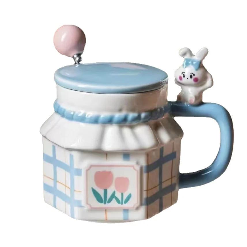 Wholesale 3D Rabbit Relief Mug With Spoon Coffee Cup Cups Drinkware Ceramics & Pottery Mug for Tea Couple Gift Ceramic Mugs Go