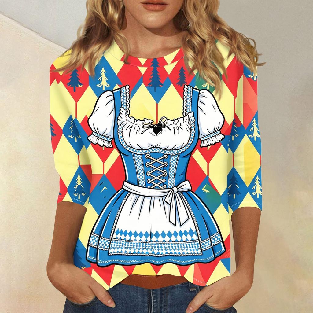 Women Casual Three Quarter Sleeve Oktoberfest Print Round Neck Shirt Lightweight Pullover Top for Daily Wear