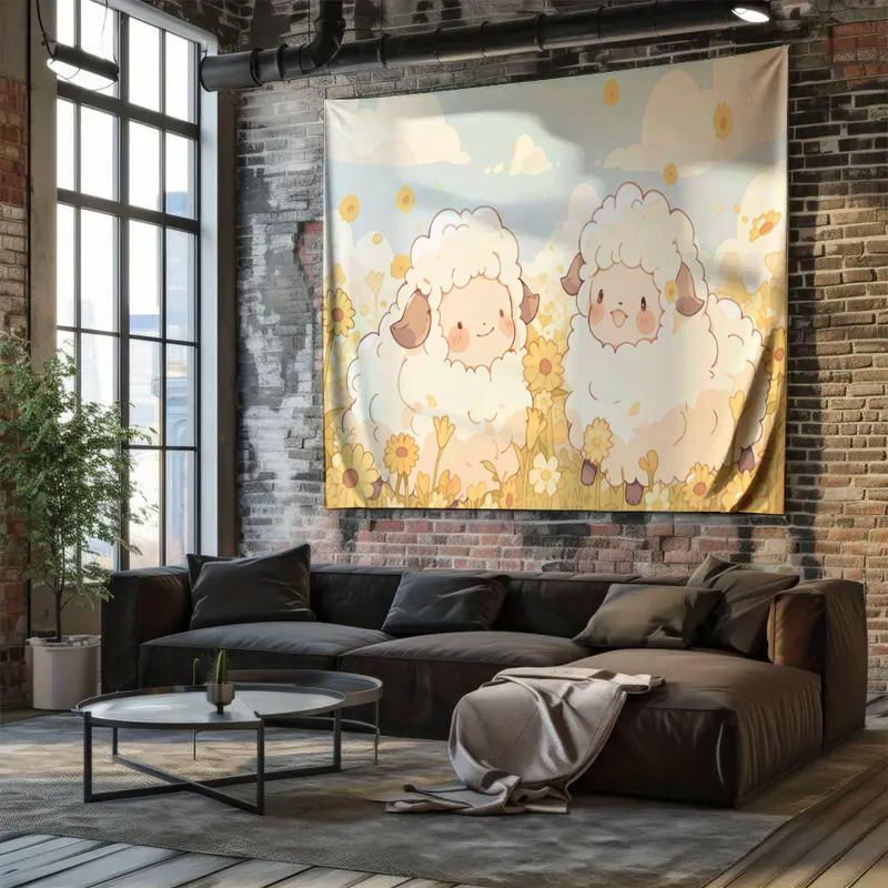Cute Cartoon Lamb Tapestry  Warm and Playful Childrens Bedroom Decorative Hanging Rug