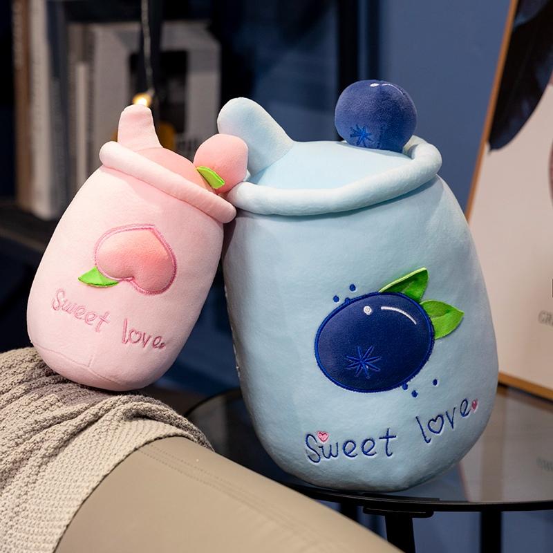Cute Boba Milk Tea Plushie Toy Soft Stuffed Fruits Milk Tea Hug Pillow Balls Bubo Tea Cup Cushion For Kids
