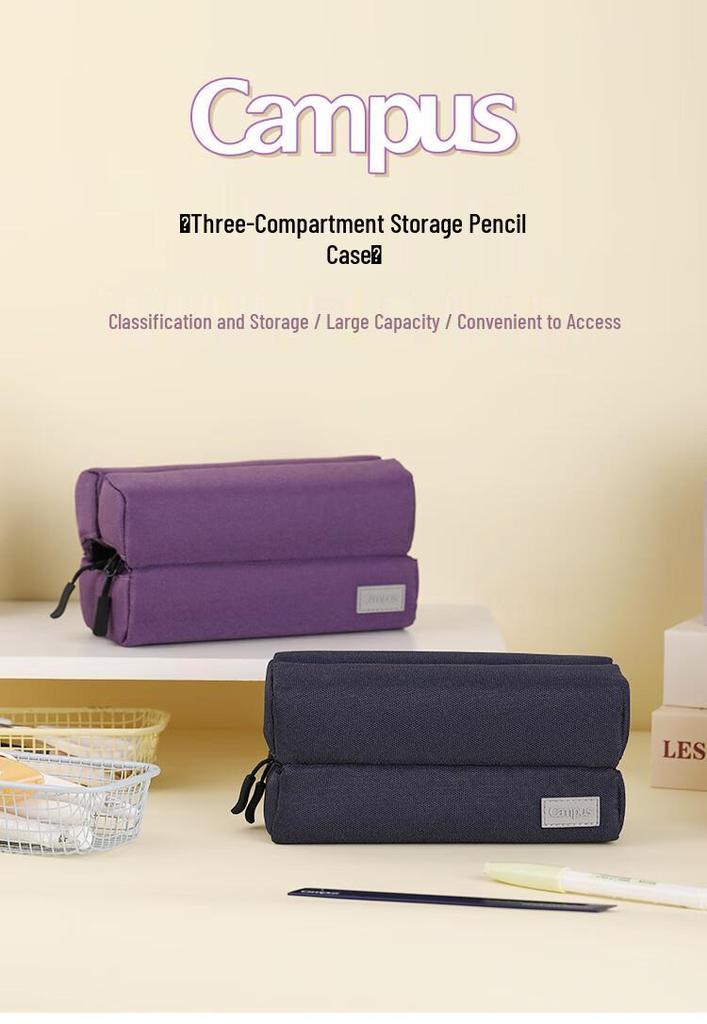 KOKUYO Campus Large-Capacity Tri-Compartment Canvas Pencil Case