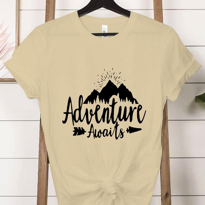 Adventure Awaits Crew Neck Short Sleeve Tshirt Women Mountain Outdoors Hiking Classic Tops Funny Camping Gifts Casual Tshirts