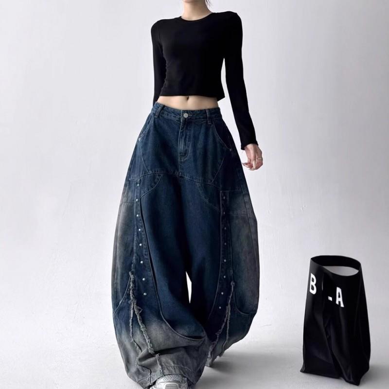 Damen 2026 Vintage Amerikanischer Stil Patchwork Denim Jeans Locker Gerader Schnitt Lässige Hose