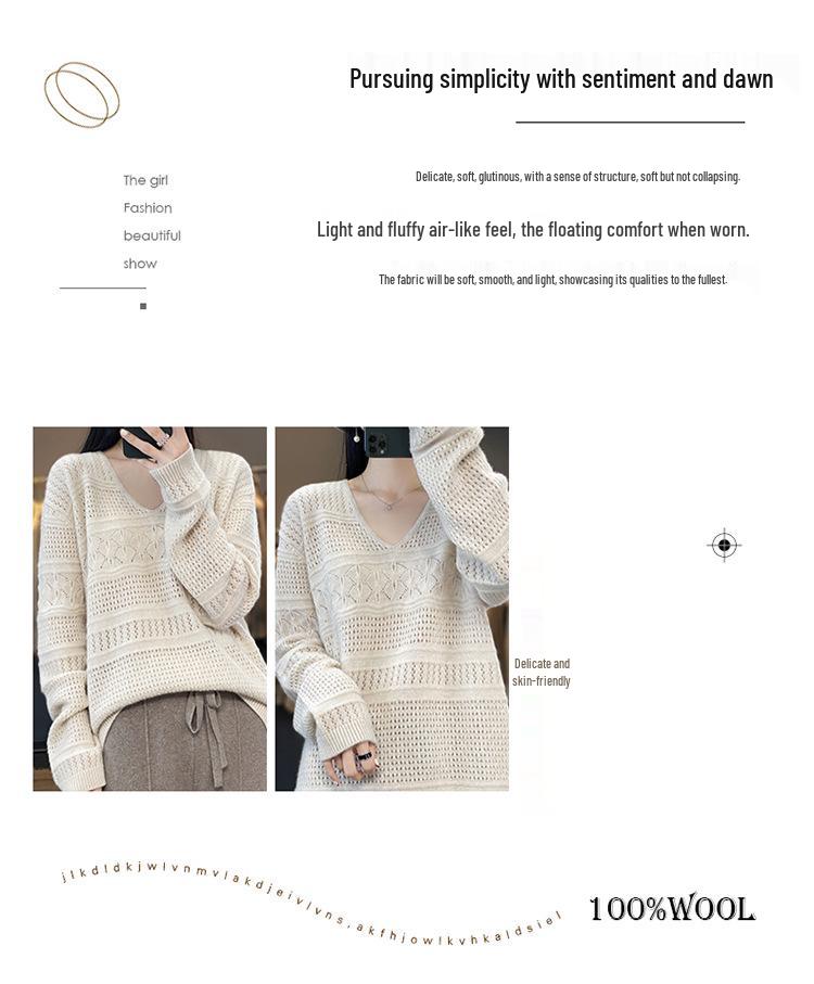 2023 Women's Pure Cashmere V-Neck Knitted Sweater: Loose, Hollow, Autumn/Winter Wool Pullover